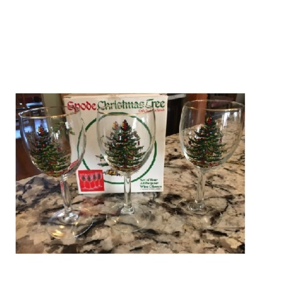 Lot of 3 Spode Christmas Tree 10 Oz Wine Glass Glasses w/ Gold Rims Original Box